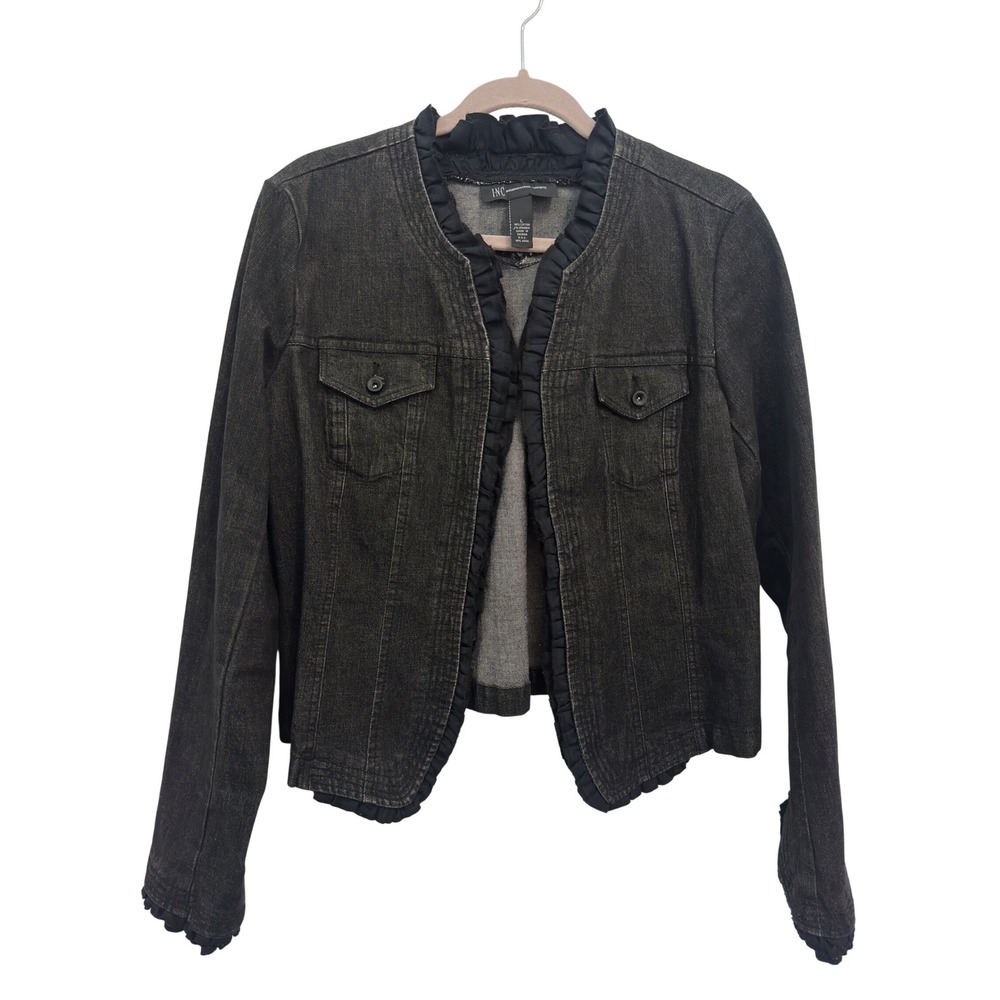 INC International Concepts Denim Jacket Black Ruffle Trim Open Front Size L